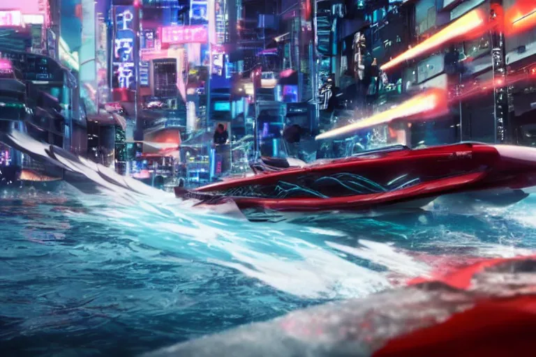 Prompt: Anime Cyberpunk Speedboat going Full speed, movie still, speed, cinematic Panavision 5384 film