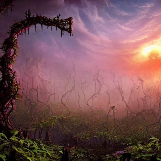 Image similar to An incredibly beautiful but ominous matte painting depicting a profusion of evil carnivorous vines and colorful flowers and lush exotic trees and bloated toadstools, with horrifying huge burning eyes and jagged bloody teeth, overgrowing a desolate ruins submerged in fog beneath the setting sun, nvidia, vray, evening, epic scale