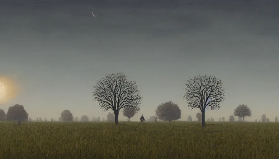 Image similar to solar eclipse, open field, one tree, simon stalenhag