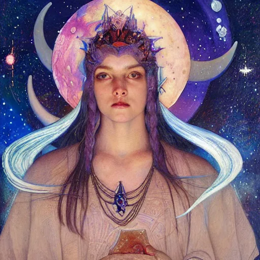 Image similar to queen of the moon with stars in her hair, by annie swynnerton and tino rodriguez and nicholas roerich and jean delville and donato giancola and diego rivera and tom bagshaw and evelyn demorgan, dramatic lighting, god rays, geometric tattoos, rich colors, smooth sharp focus, extremely detailed, adolf wolfli