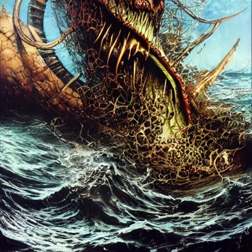 Prompt: realistic detailed image of Sea Monster Devouring a Boat by Ayami Kojima, Amano, Karol Bak, Greg Hildebrandt, and Mark Brooks, Neo-Gothic, gothic, rich deep colors. Beksinski painting, part by Adrian Ghenie and Gerhard Richter. art by Takato Yamamoto. masterpiece