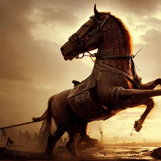 Image similar to the trojan horse, volumetric lighting, 8 k octane beautifully detailed render, post - processing, extremely hyper - detailed, intricate, epic composition, cinematic lighting, masterpiece, trending on artstation, detailed detailed detailed, masterpiece, stunning art by anders zorn, wonderful masterpiece by greg rutkowski, beautiful cinematic light,