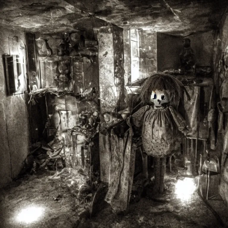 Prompt: dark photograph of horror doll in basement