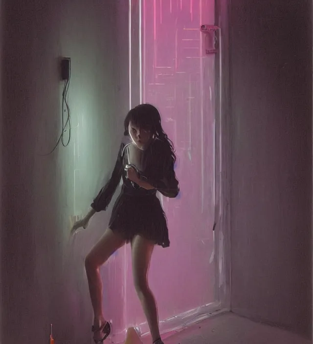 Prompt: foggy neon night, sayaka isoyama leaning back against a wall in a black minidress smoking a cigarette outside a neon lit entrance, 1 9 7 0 s, intricate, moody, tasteful, intimate, highly detailed, short focus depth, artgerm, donato giancola, joseph christian leyendecker