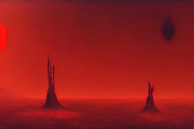 Image similar to only with red, red god of death eat apple, a futuristic city on mars in the background, floor is red worms, in the style of beksinski, part by hopper, part by rodcenko, part by hofbauer, intricate composition, red by caravaggio, insanely quality, highly detailed, masterpiece, red light, artstation, 8 k