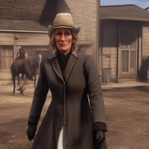 Prompt: Film still of J. K. Rowling, from Red Dead Redemption 2 (2018 video game)