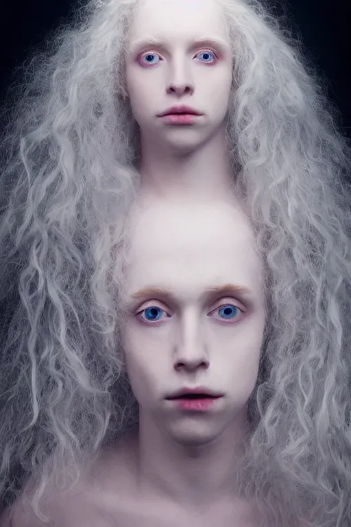 Prompt: Hyper realistic portrait of Lucius, delicate milky white pale porcelain skin and light pink blush, blue veins, fluffy platinum blonde curly hair with curtain bangs over his forehead, lush drill curls, beautiful androgynous prince, Dark Studio Lighting, fog, by Emil Melmoth, Trending on Artstation, 8k