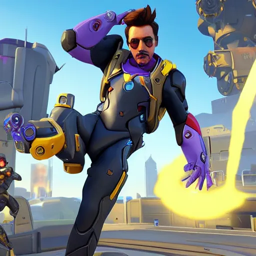 Prompt: Robert Downey Jr as a character in the game Overwatch, with a background based on the game Overwatch, detailed face, action shot