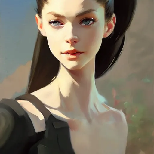 Prompt: greg manchess portrait painting of white pale skinny young girl 1 8 with long black hime haircut as overwatch character, and two cats beside, medium shot, asymmetrical, profile picture, organic painting, sunny day, matte painting, bold shapes, hard edges, street art, trending on artstation, by huang guangjian and gil elvgren and sachin teng