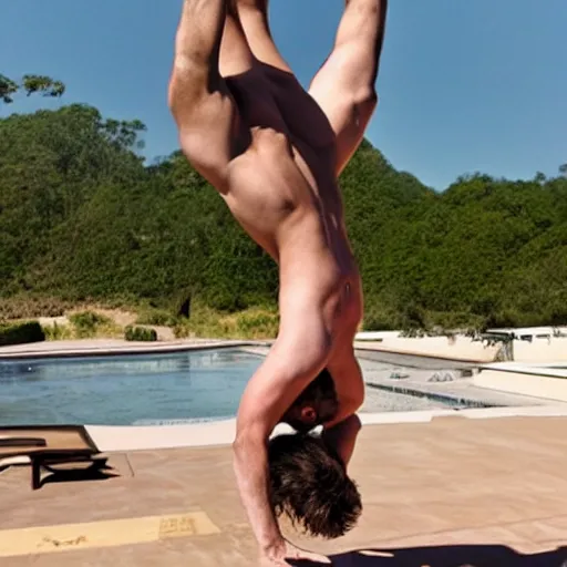 Prompt: elon musk doing a backflip in a speedo