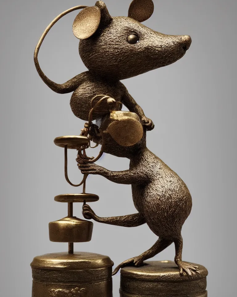 Prompt: a statue of a proud mouse standing on two legs and holding a round bell made with white and gold wire, trending on artstation