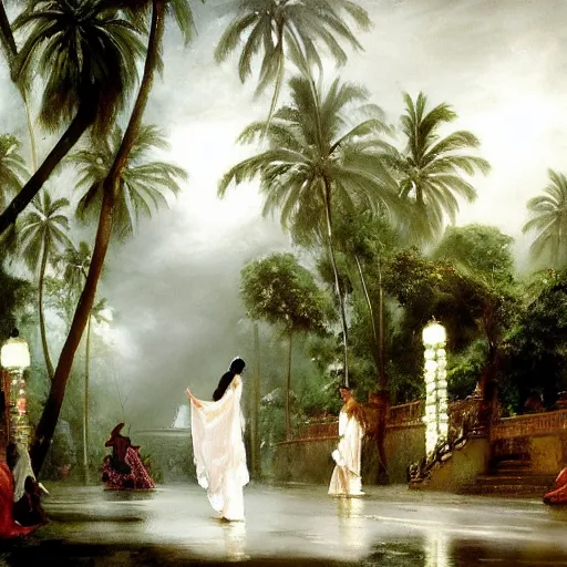 Image similar to monsoon on tropical island, oriental goddess in white, elegant, frontal, ornate, beautiful, atmosphere, vibe, mist, coconuts, rain, wet, pristine, puddles, melting, dripping, snow, creek, lush, ice, bridge, forest, roses, flowers, by stanley artgerm lau, greg rutkowski, francisco de goya