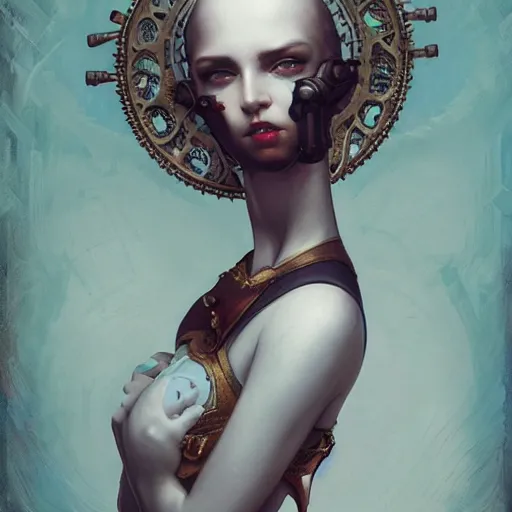 Prompt: tom bagshaw, curiosities carnival, soft paint of a single bald beautiful female in a full steampunk armor, rabbit - ear helm ornate, symmetry accurate features, focus, very intricate ultrafine details, award winning masterpiece