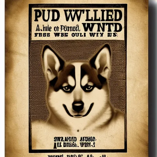 Image similar to shiba inu wanted poster old timey wild west, sepia photo curling paper