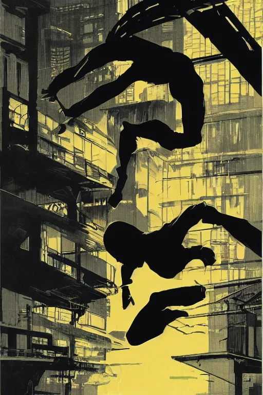 Prompt: a ninja jumping from the roof on a rainy night by syd mead, boneface, yoji shinkawa