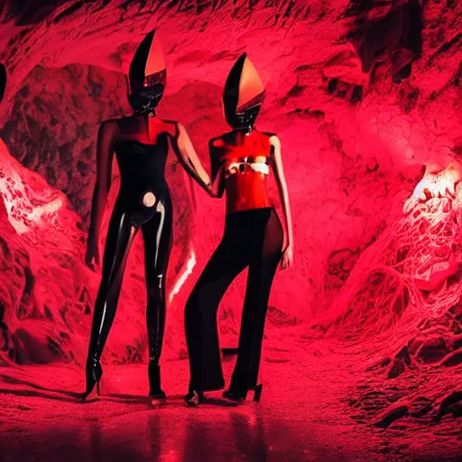 Image similar to female fashion model in year 3000 in a cave, model wearing a surreal Avant-garde helmet in red, dramatic lighting,photography , official Versace editorial , highly detailed