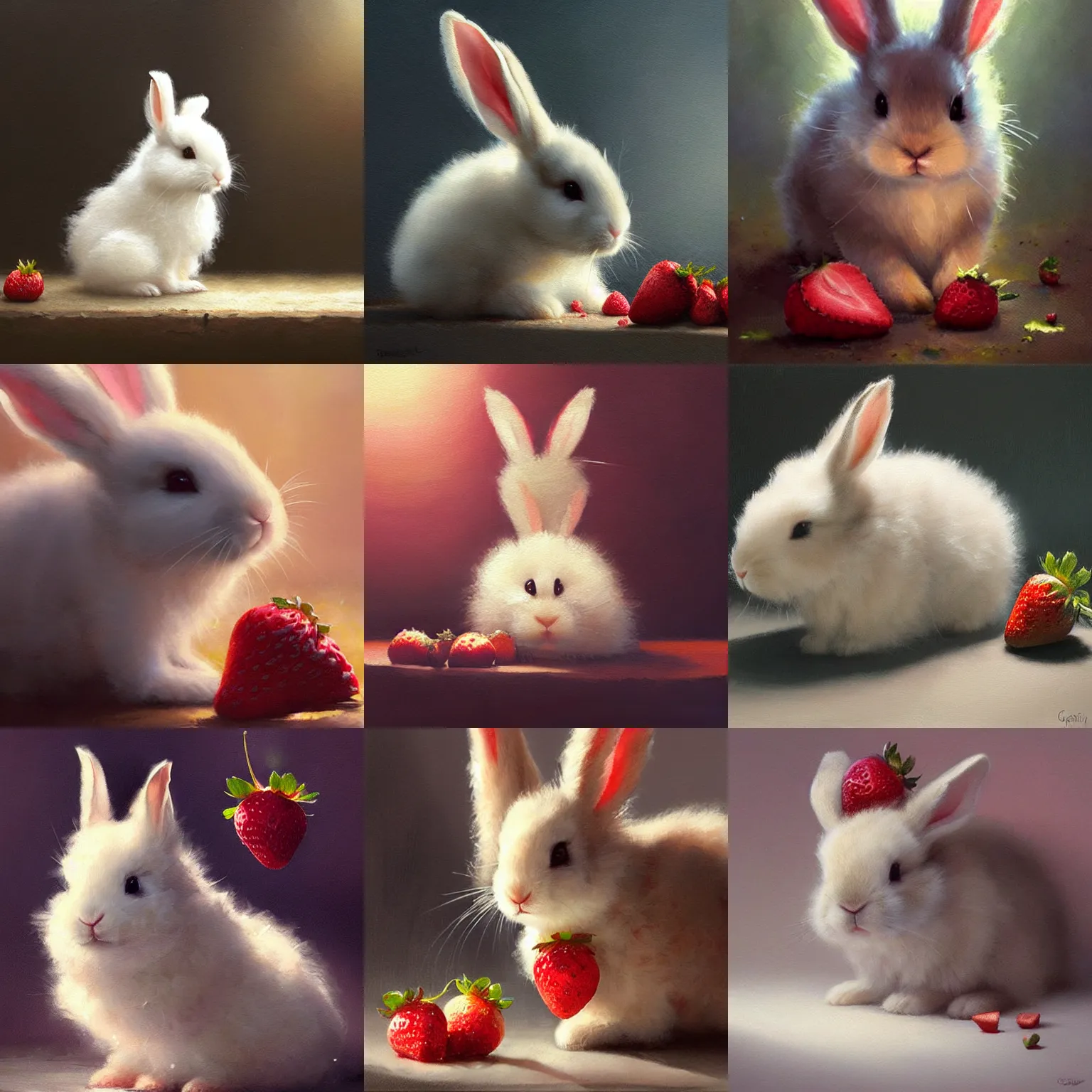 Prompt: cute, cuddly, fluffy little bunny looking at a strawberry. soft warm lighting. painting by greg rutkowski.