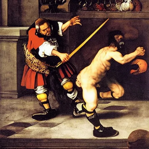 Image similar to two court dwarves fighting to the death, 1 5 8 6, by diego velazquez