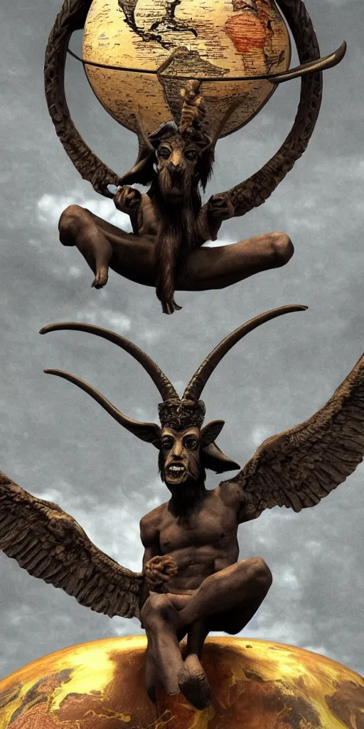 Image similar to a photorealistic render of baphomet sitting on a bloody earth globe, highly detailed, artstation, trending,