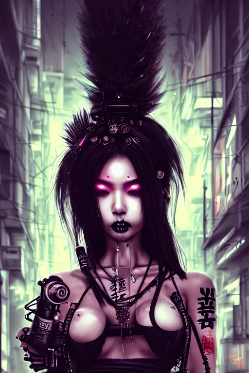 Image similar to soft lustrous ebony geisha goddess yakuza biotech raver gutter punk gothic cyborg, cyberpunk city, urban decay, decay, underworld, dark art, highly detailed, digital painting, octane render, artstation, concept art, smooth, sharp focus, illustration, art by artgerm, loish, wlop