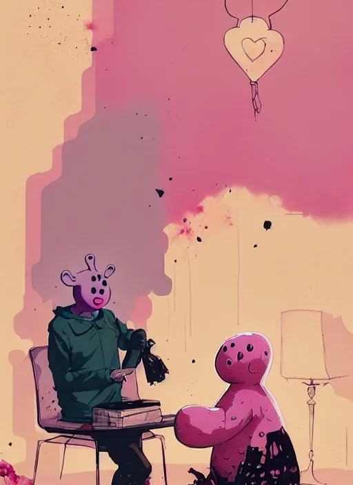 Image similar to mr blobby visiting his gran, by greg rutkowski, by greg, tocchini, by james gilleard, by joe fenton, by kaethe butcher, gradient yellow, pink, brown and white color scheme, grunge aesthetic!!! ( ( silly background ) )