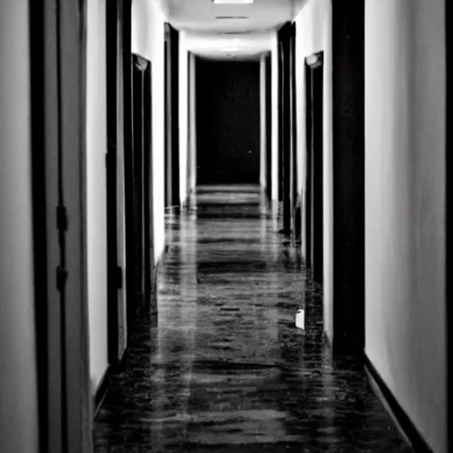 Prompt: a hallway with a shadowy silhouette standing at the end, creepy, uncanny, liminal space