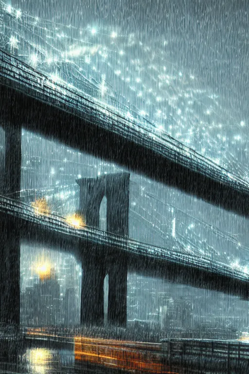 Prompt: beautiful digital illustration Brooklyn Bridge in the rain bokeh and sunrays by Marc Simonetti