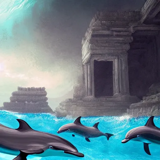 Prompt: Dolphins Swimming Through an Ancient Underwater Temple, Digital Art, Trending on Artstation, Atmospheric