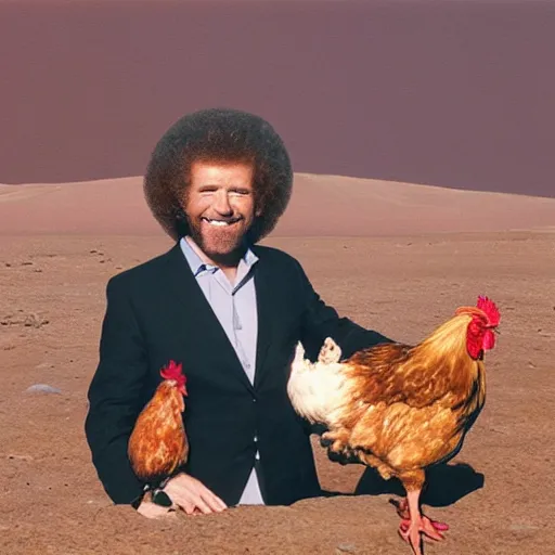 Image similar to bob ross holding a chicken on mars,