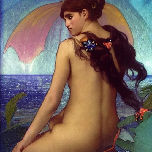 Image similar to Demon Girl at the palace, refracted sparkles, thunderstorm, greek pool, beach and Tropical vegetation on the background major arcana sky, by paul delaroche, alphonse mucha and arnold böcklin, hyperrealistic 8k, award-winning, very very very detailed