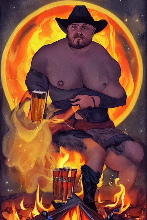 Prompt: a dramatic, ethereal tarot painting of a handsome thicc shirtless mischievous cowboy with a beer belly sitting behind a campfire at night with food and jugs of whisky | tarot!! card, art deco, art nouveau | by Mark Maggiori | trending on artstation