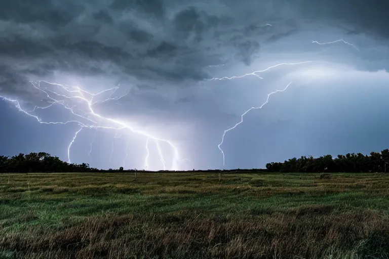 Prompt: a photograph of a tornado, thunderstorm, lightning bolts, illuminated from various angles by the setting sun, cinematic, dramatic lighting, mystic hue