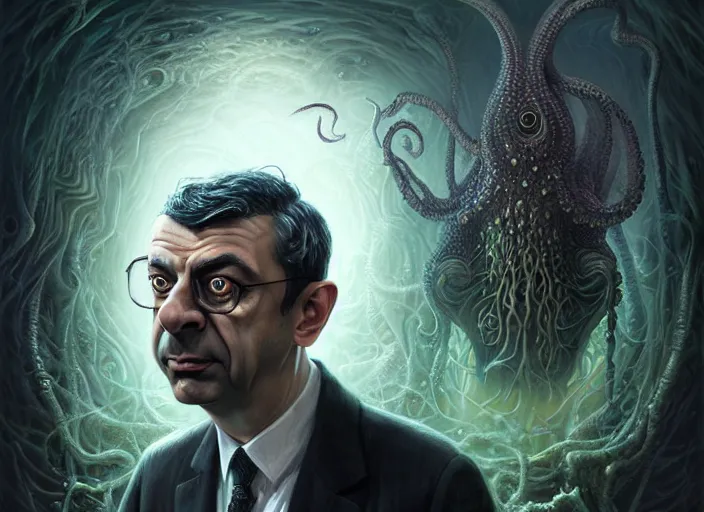 Image similar to lovecraft biopunk portrait of rowan sebastian atkinson, fractal background, anthropomorphic cthulhu behind him, by tomasz alen kopera and peter mohrbacher