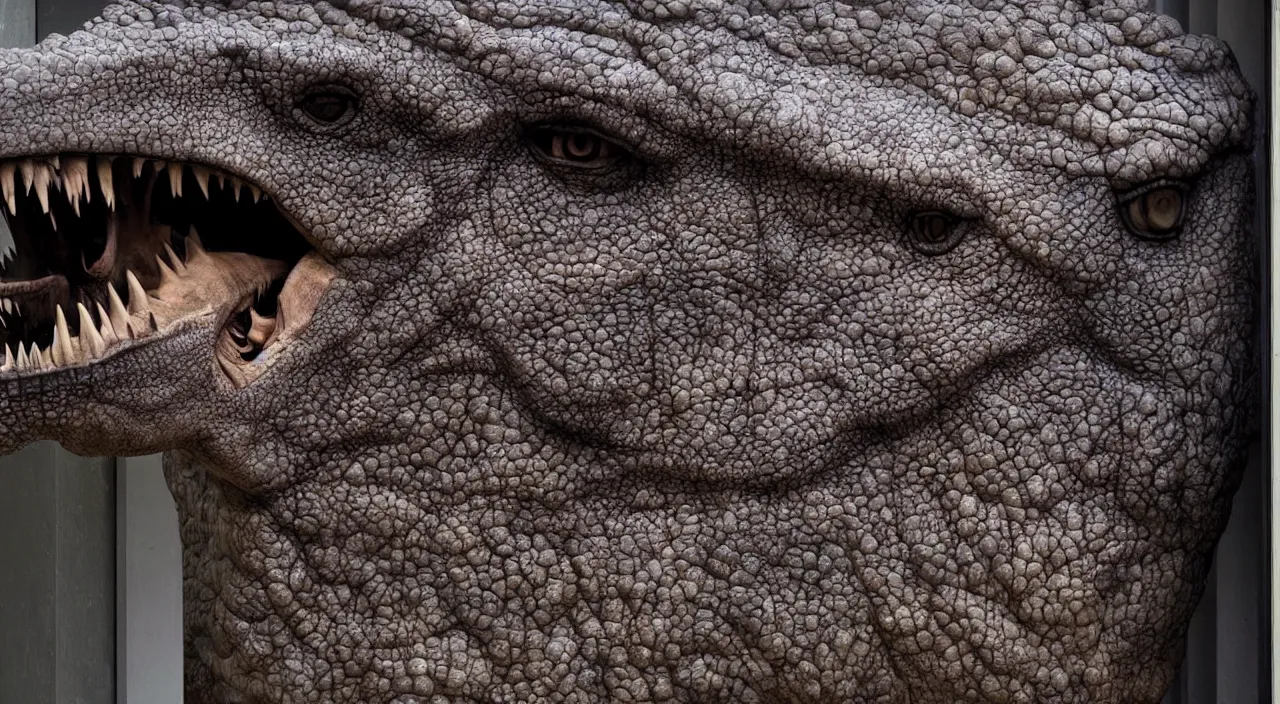 Image similar to Huge T-rex looking at you through your door, close-up, dark, scary, very intense