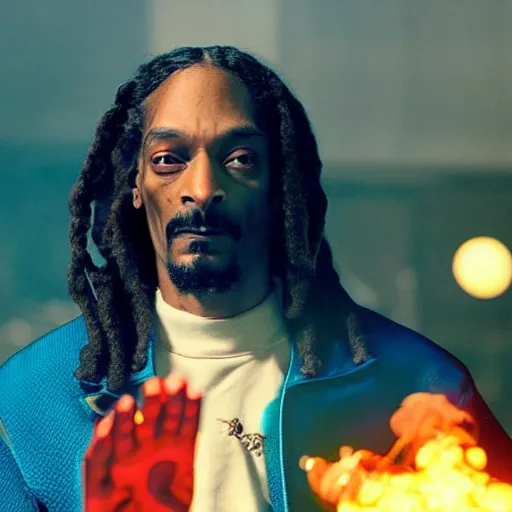 Prompt: cinematic film still of Snoop Dogg starring as a futuristic Marvel Super Hero holding green fire in a 2022 Marvel Movie, 40mm lens, shallow depth of field