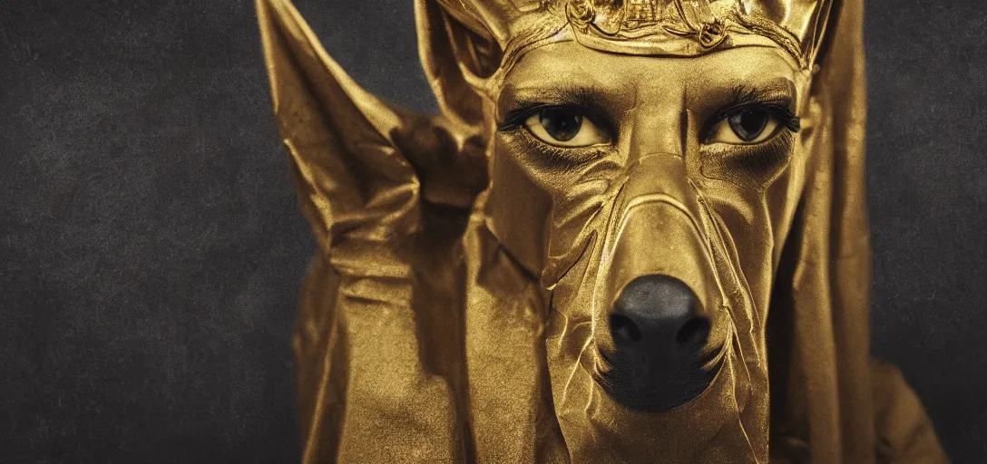 Image similar to displeased Anubis wearing a gilded robe, in the style of Lee Jeffries 8k