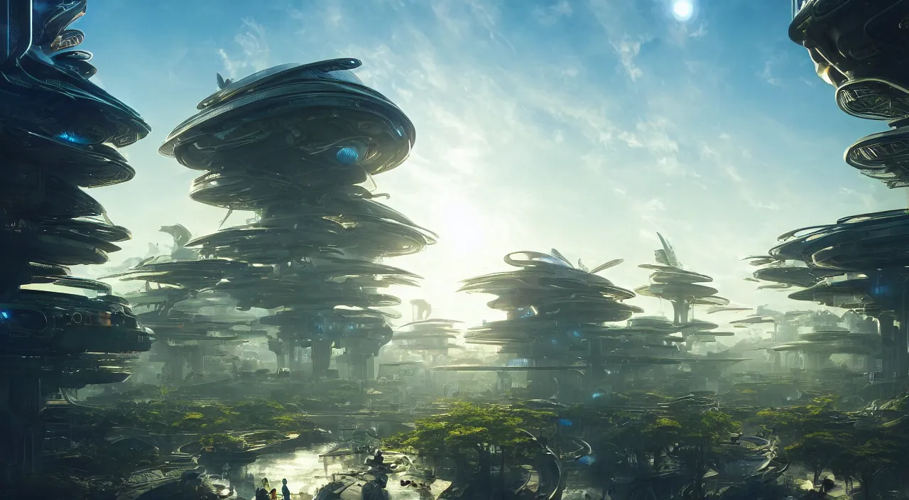 Image similar to futuristic solarpunk city with happy people and animals living in high - tech harmony with nature, late afternoon light, wispy clouds in a blue sky, unreal engine, intricate, highly detailed, elegant, trending on artstation, sharp focus, cinematic lighting, by frank lloyd wright and greg rutkowski and ruan jia