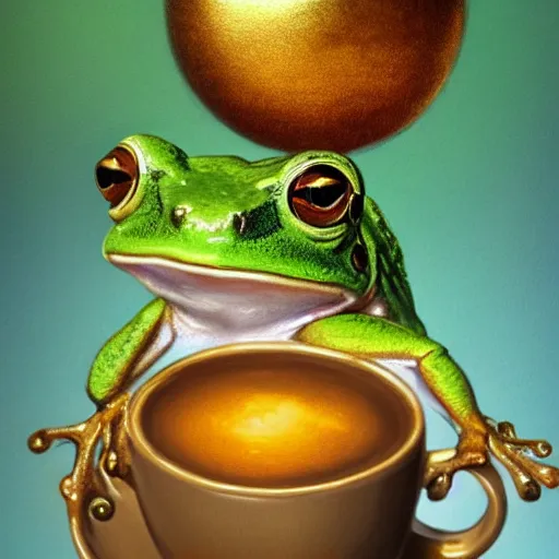 Image similar to a cute frog throws golden metal balls into a cup of coffee, by esao andrews, by m. w. kaluta, volumetric light, rich colors, very humorous oil painting, realistic reflections, smooth, concept art, depth perception, high depth of field, 4 k, unreal engine 5, ultradetailed, hyperrealistic, artstation