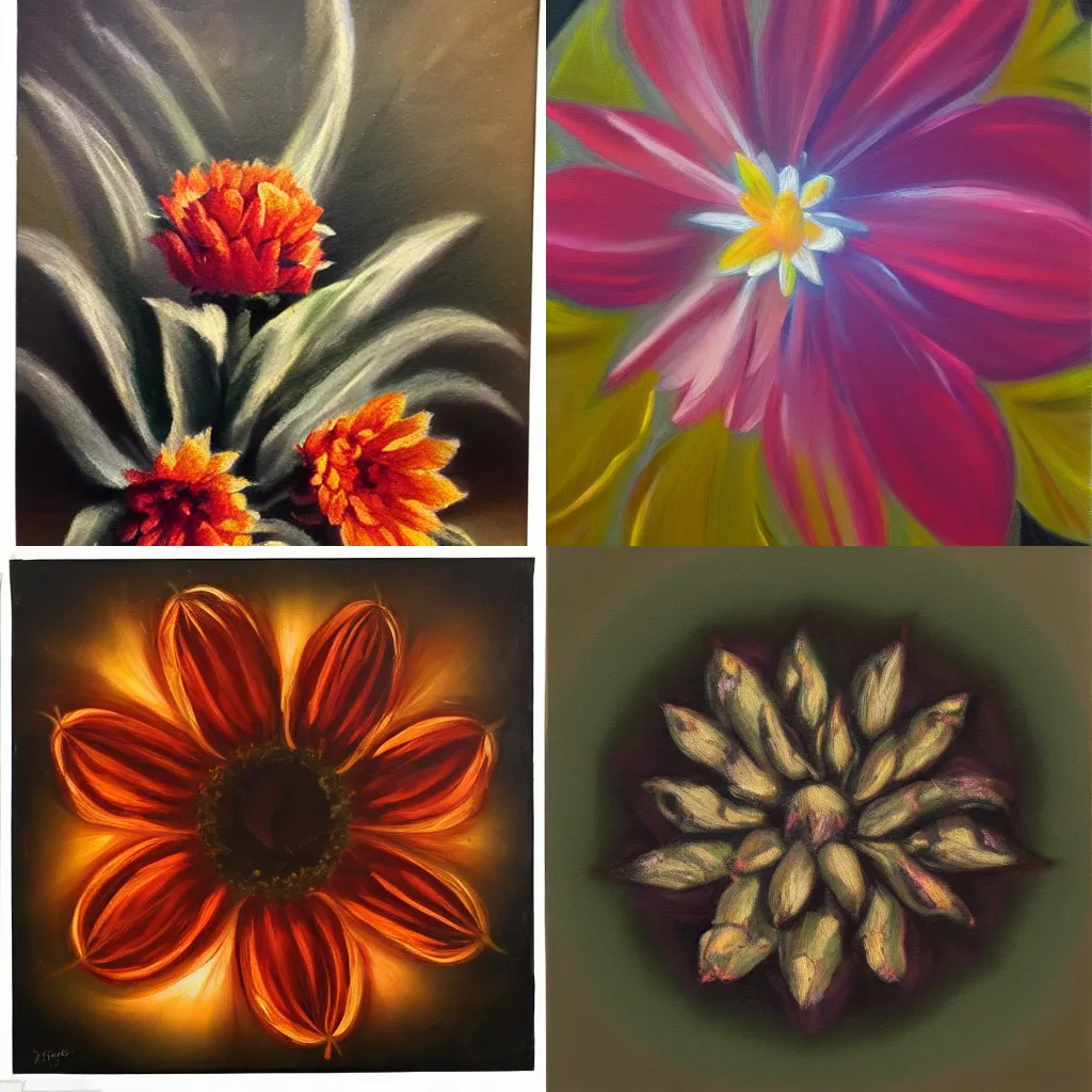 Prompt: a chiaroscuro oil painting of a infinity recursive ref flower