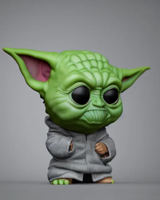 Image similar to full body 3d render of funko pop baby yoda as a funko pop, studio lighting, white background, blender, trending on artstation, 8k, highly detailed