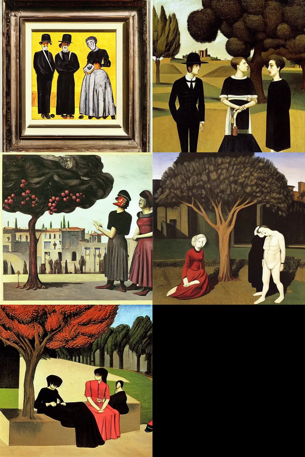Prompt: an hd painting by giorgio de chirico. three goths loitering in the shade, talking beneath a cherry tree outside a blockbuster video store.