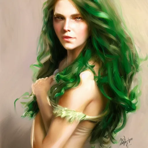 Image similar to a mascular woman with emerald green eyes, and green hair that naturally curls up on the ends, bodybuilder woman, by daniel gerhartz, digital art, artstation