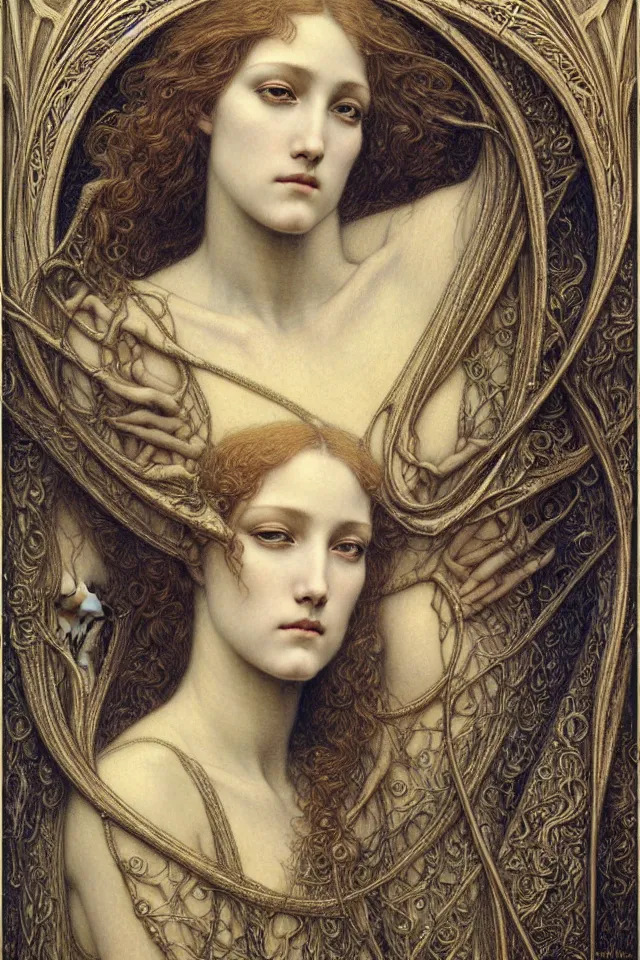 Image similar to detailed realistic beautiful young medieval queen face portrait by jean delville, gustave dore and marco mazzoni, art nouveau, symbolist, visionary, gothic, pre - raphaelite. horizontal symmetry