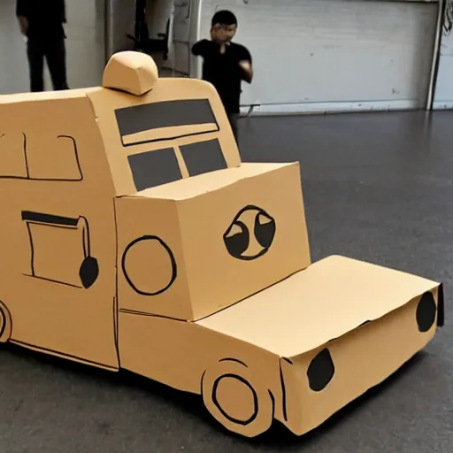 Prompt: a car made out of cardboard