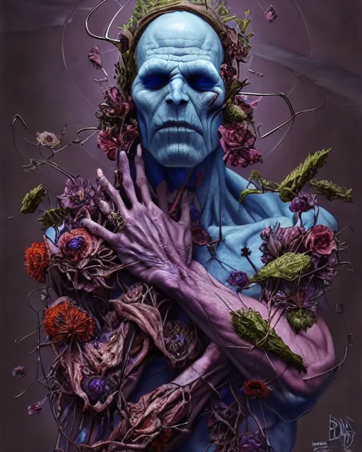 Prompt: the platonic ideal of flowers, rotting, insects and praying of cletus kasady ultimate carnage thanos dementor doctor manhattan chtulu nazgul davinci, detailed, intricate, hyperrealism, fantasy, matte, hearthstone, scary, decay, dmt, art by brock hofer and artgerm and greg rutkowski and alphonse mucha