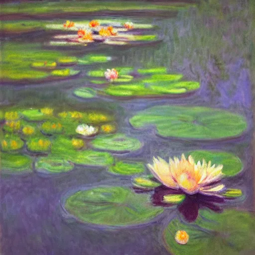 Prompt: at dusk ， water lilies in the pond, by claude monet, dramatic, impressionism, cinematic, reflection, light effect, 8 k hd detail, rendered in octane,
