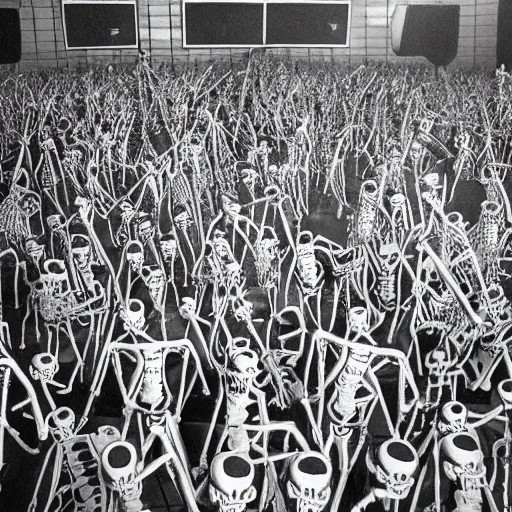 Prompt: photo, a giant crowd of silvery shiny reflective black latex claymation skeletons dancing inside an underground ussr night club