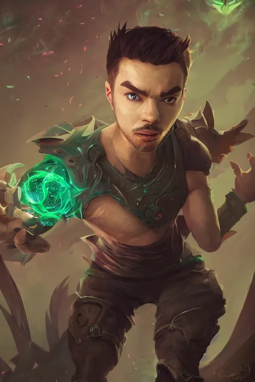 Image similar to a portrait of the YouTuber jacksepticeye in the style of league of legends arcane by Greg Rutkowski, Sung Choi, Mitchell Mohrhauser, Maciej Kuciara, Johnson Ting, Maxim Verehin, Peter Konig, final fantasy , mythical, 8k photorealistic, cinematic lighting, HD, high details, atmospheric,