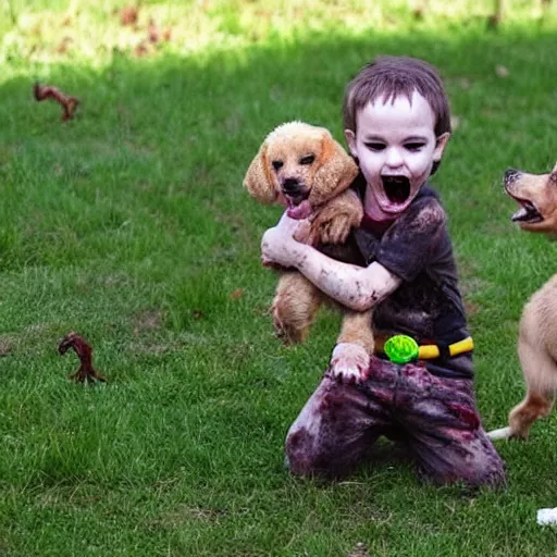 Image similar to a cute friendly zombie playing with a puppy