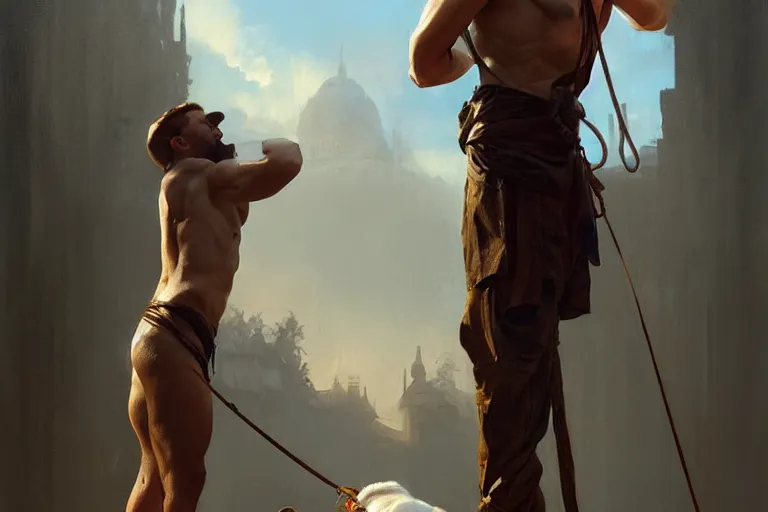 Image similar to a man tied to a pole, jack russel terrier pissing on him, highly detailed, digital painting, artstation, concept art, smooth, sharp focus, illustration, cinematic lighting, art by artgerm and greg rutkowski and alphonse mucha